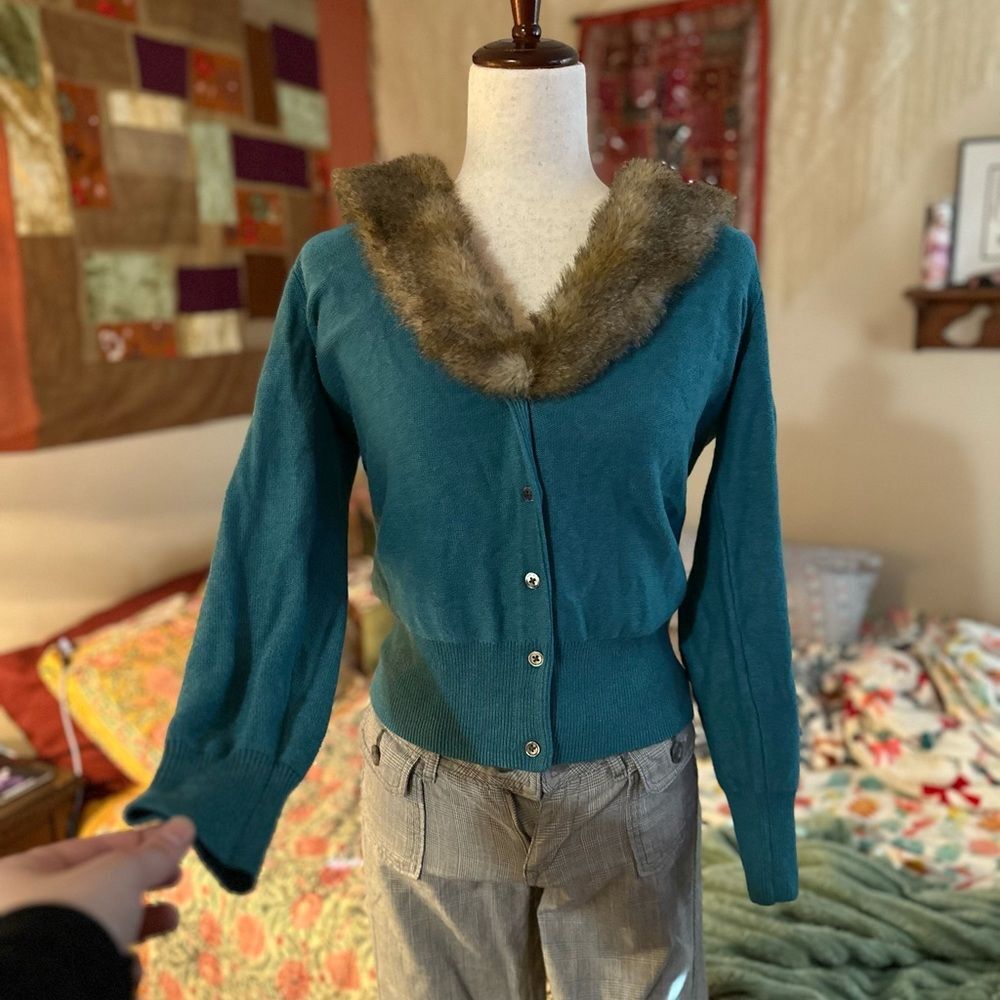 Y2K Cabi Teal Cardigan with Removable Faux Fur Collar
